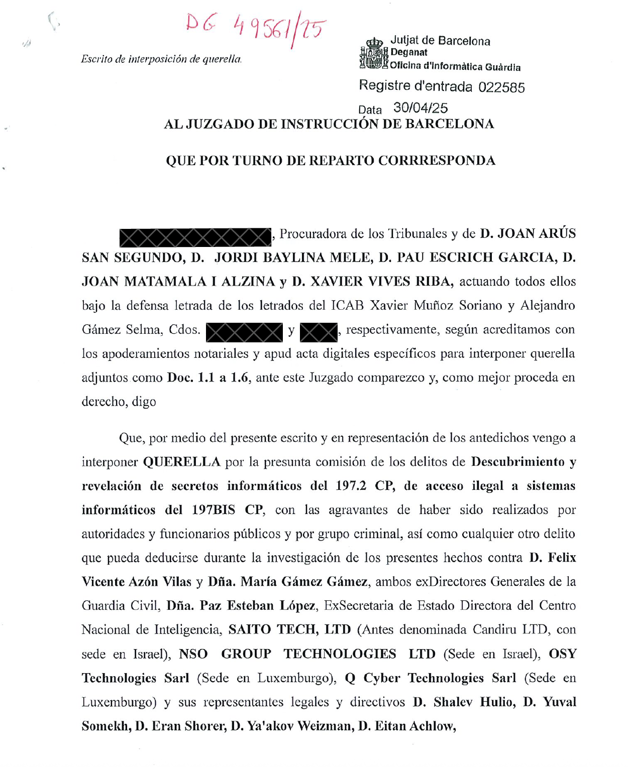 First page of the criminal complaint filed in Barcelona